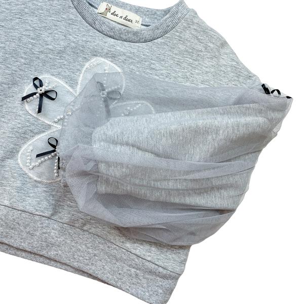 Grey Mesh Sleeves Bowtie Top - doe a dear