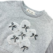 Grey Mesh Sleeves Bowtie Top - doe a dear