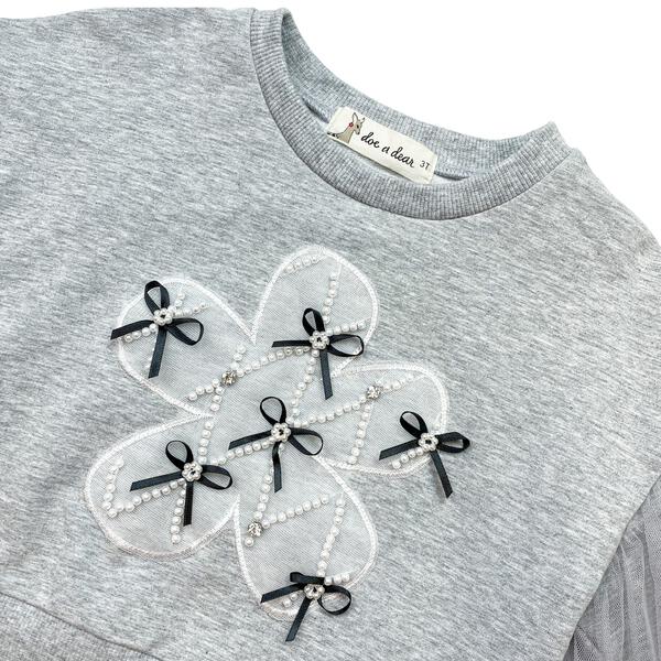 Grey Mesh Sleeves Bowtie Top - doe a dear