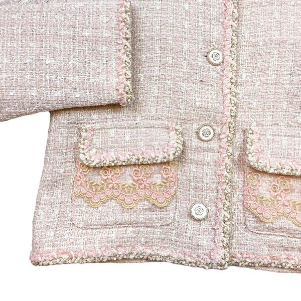 Pink Floral Lace Trim Tweed Jacket - doe a dear