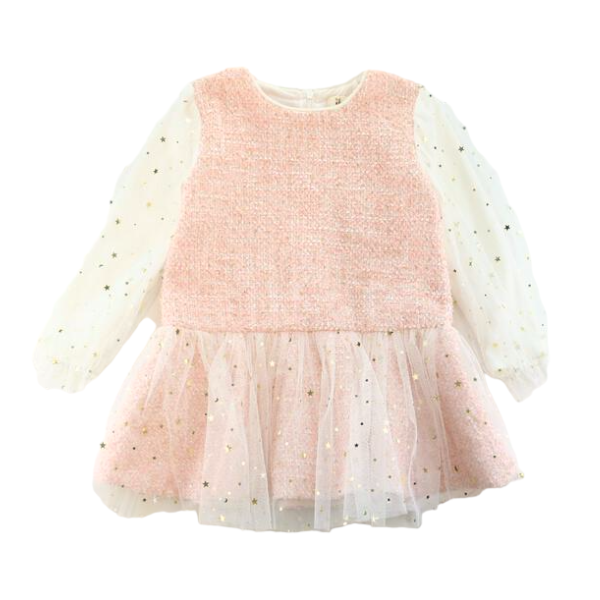 pink mesh star dress Star Mesh Sleeve Tweed Dress