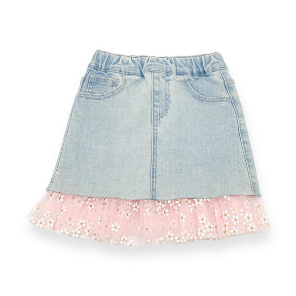 Pink Daisy Mesh Trim Denim Skirt - doe a dear