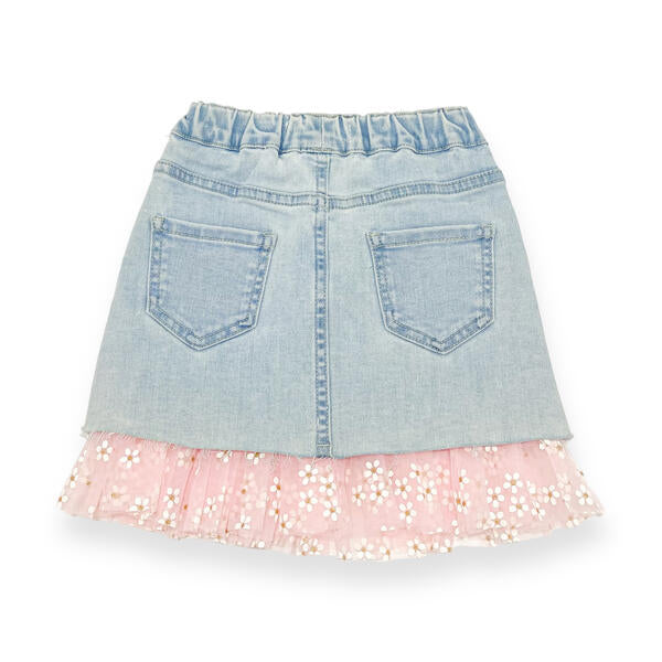 Pink Daisy Mesh Trim Denim Skirt - doe a dear