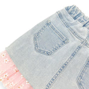 Pink Daisy Mesh Trim Denim Skirt - doe a dear