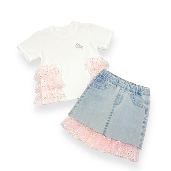 Pink Daisy Mesh Trim Denim Skirt - doe a dear