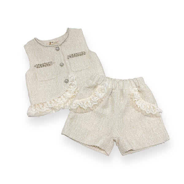 Organza Trim Tweed Shorts - Beige - doe a dear