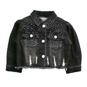Pink Stud Distressed Black Denim Jacket - doe a dear