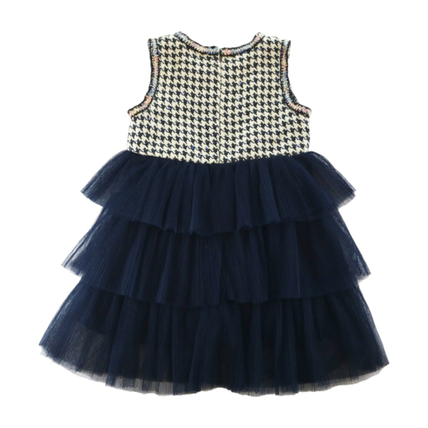 Houndstooth Chiffon Tiered Dress - Beige/Navy - doe a dear