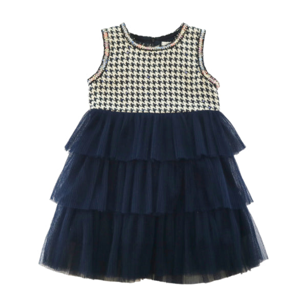 Houndstooth Chiffon Tiered Dress - Beige/Navy - doe a dear