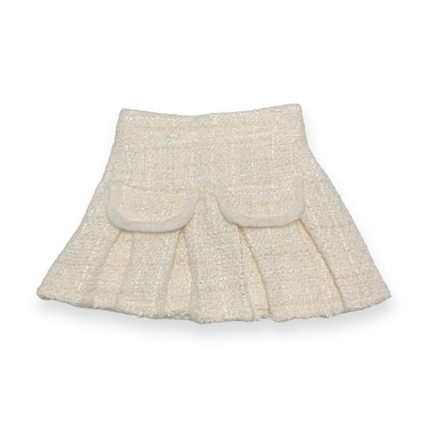 Ivory Fur Trim Pleat Tweed Skirt
