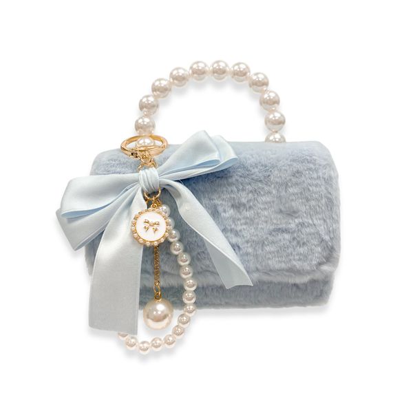 Furry Purse with Bow&Pearl Charm - Blue - doe a dear