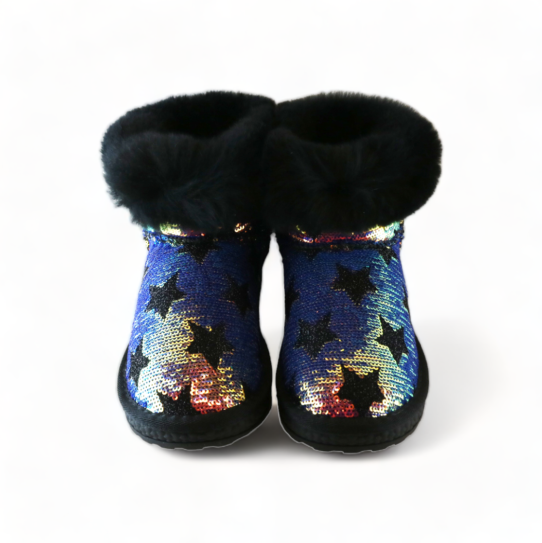 Handcrafted Sequin Star Furry Boot - Black