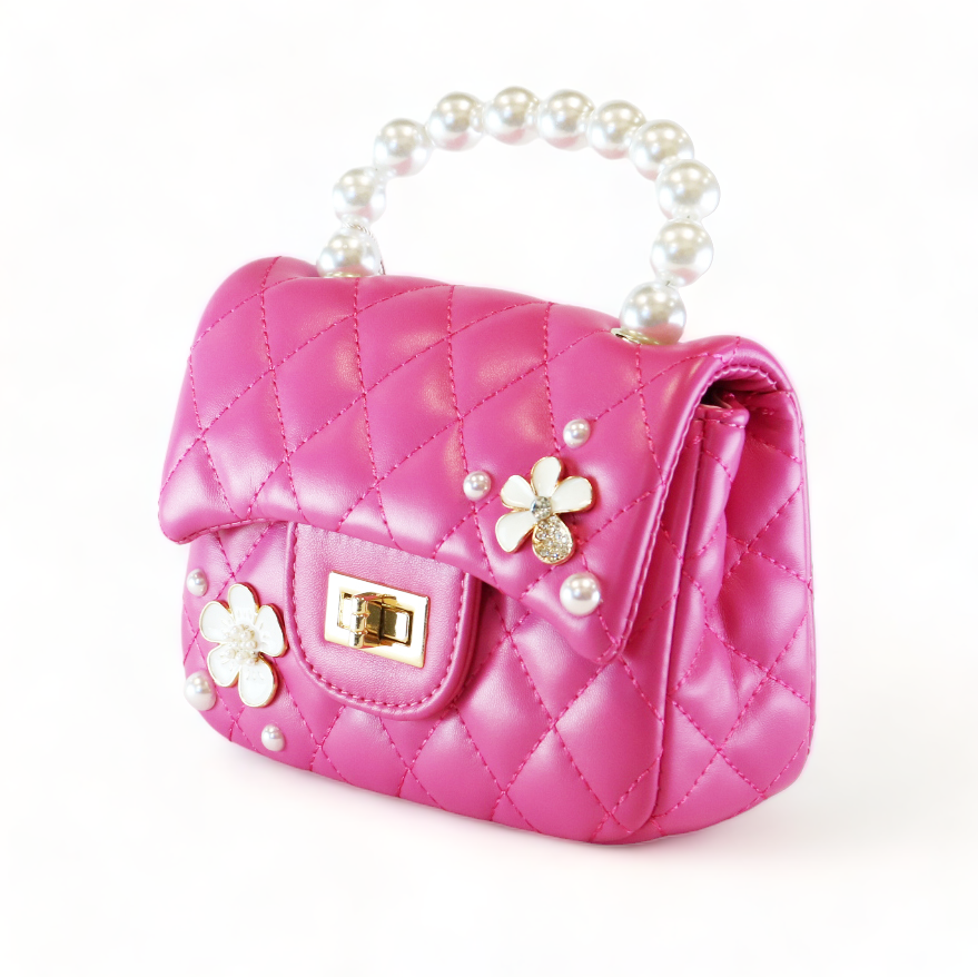 Pearl Handle Quilted Leather Purse w/ Charms - Fuchsia - doe a dear