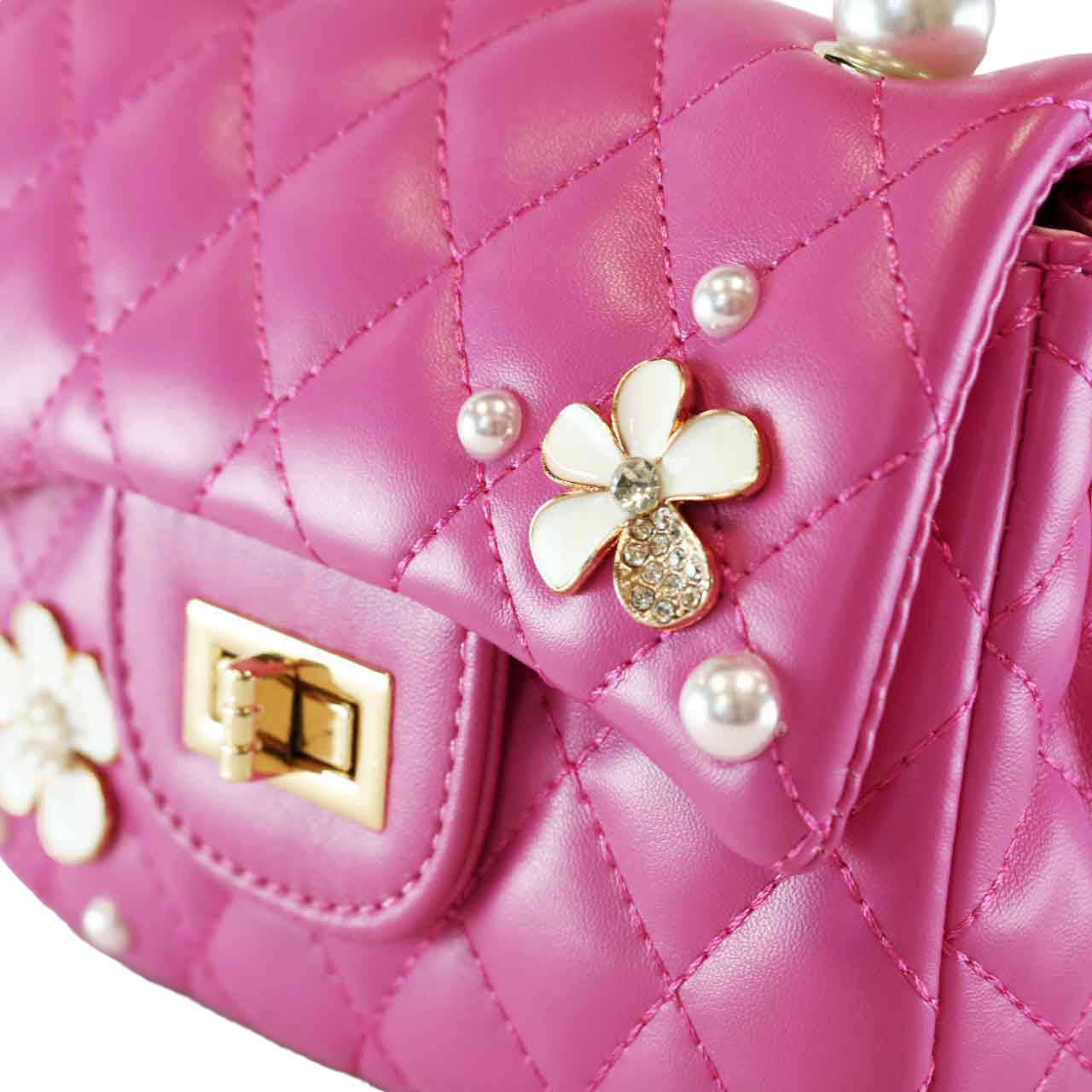 Pearl Handle Quilted Leather Purse w/ Charms - Fuchsia - doe a dear
