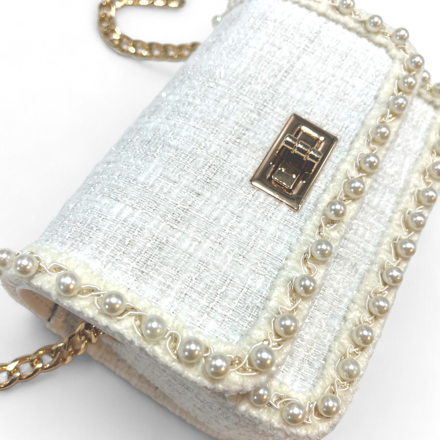 Pearl Trim Tweed Purse - White - doe a dear
