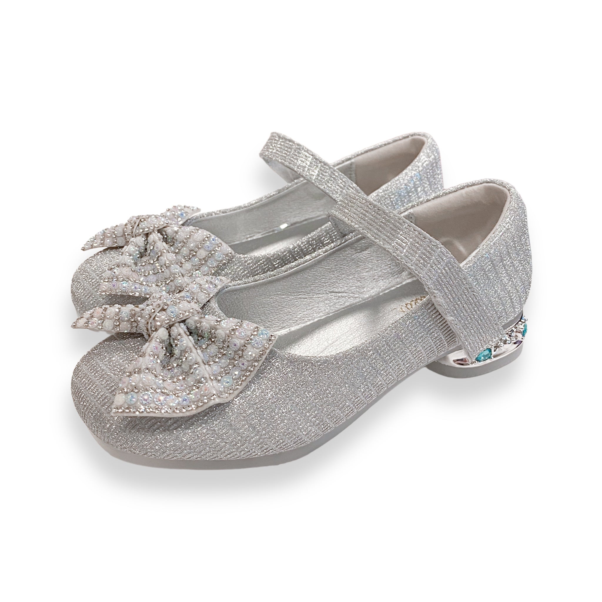 Stud Heel Bow Flat Shoes - Silver Stud Heel Bow Flat Shoes - Silver