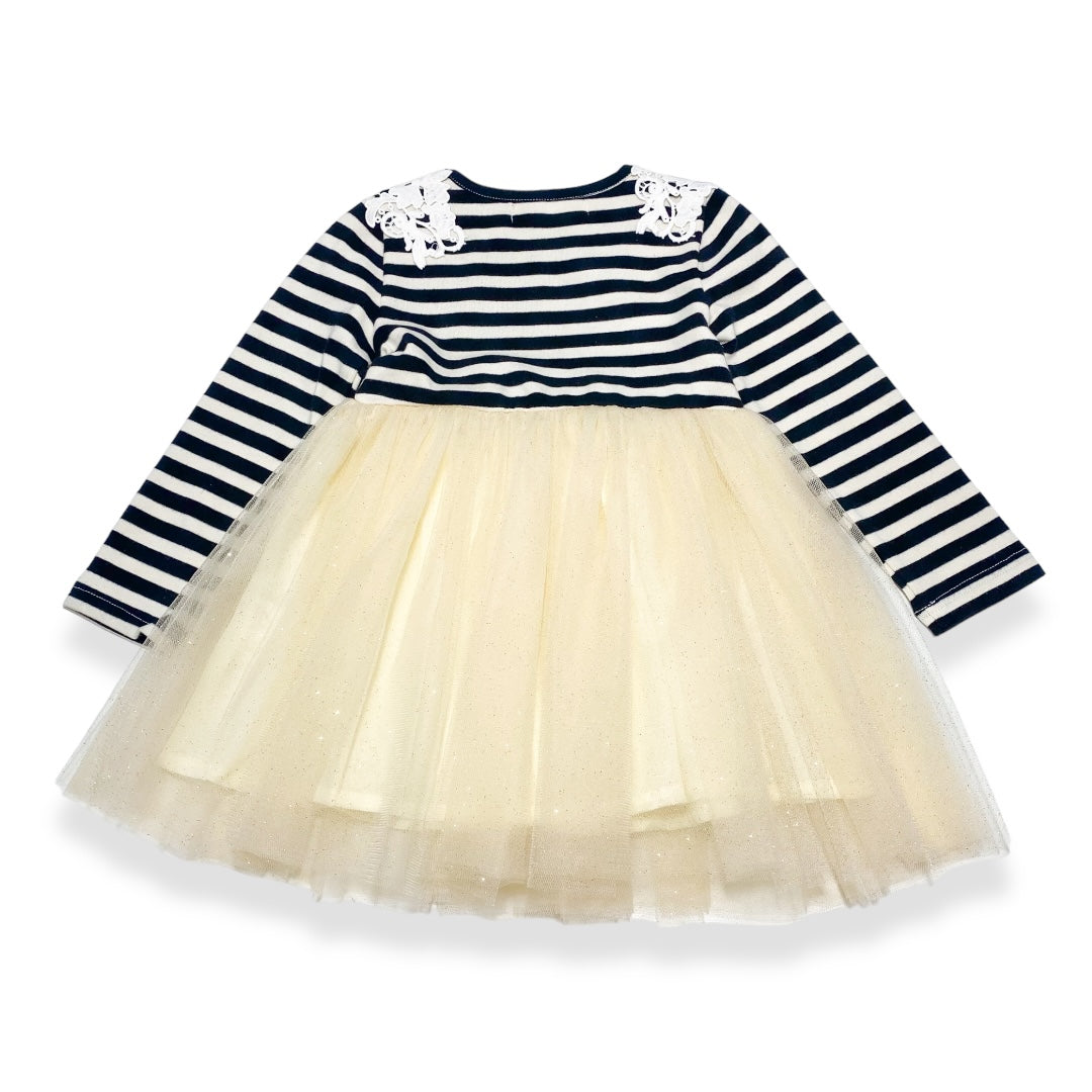 Stripy Tulle Dress with Floral Shoulder Patch - doe a dear