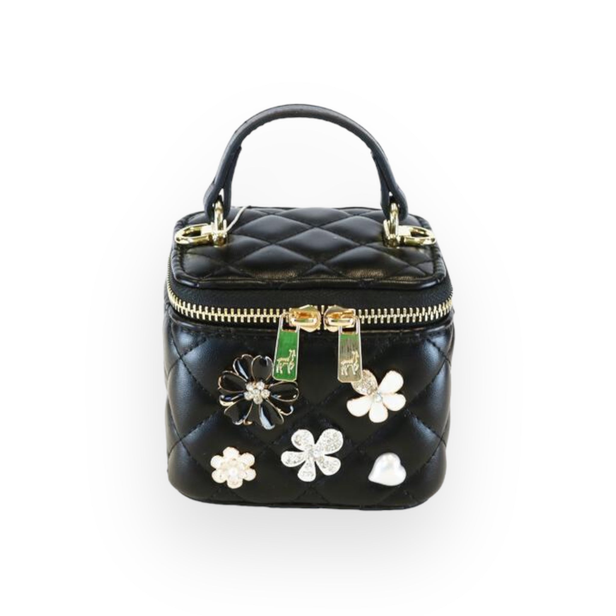 Quilted Top-Handle Bag w/ Charms - Black - doe a dear