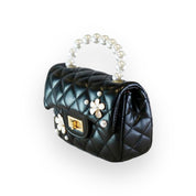 Pearl Handle Quilted Leather Purse w/ Charms - Black - doe a dear