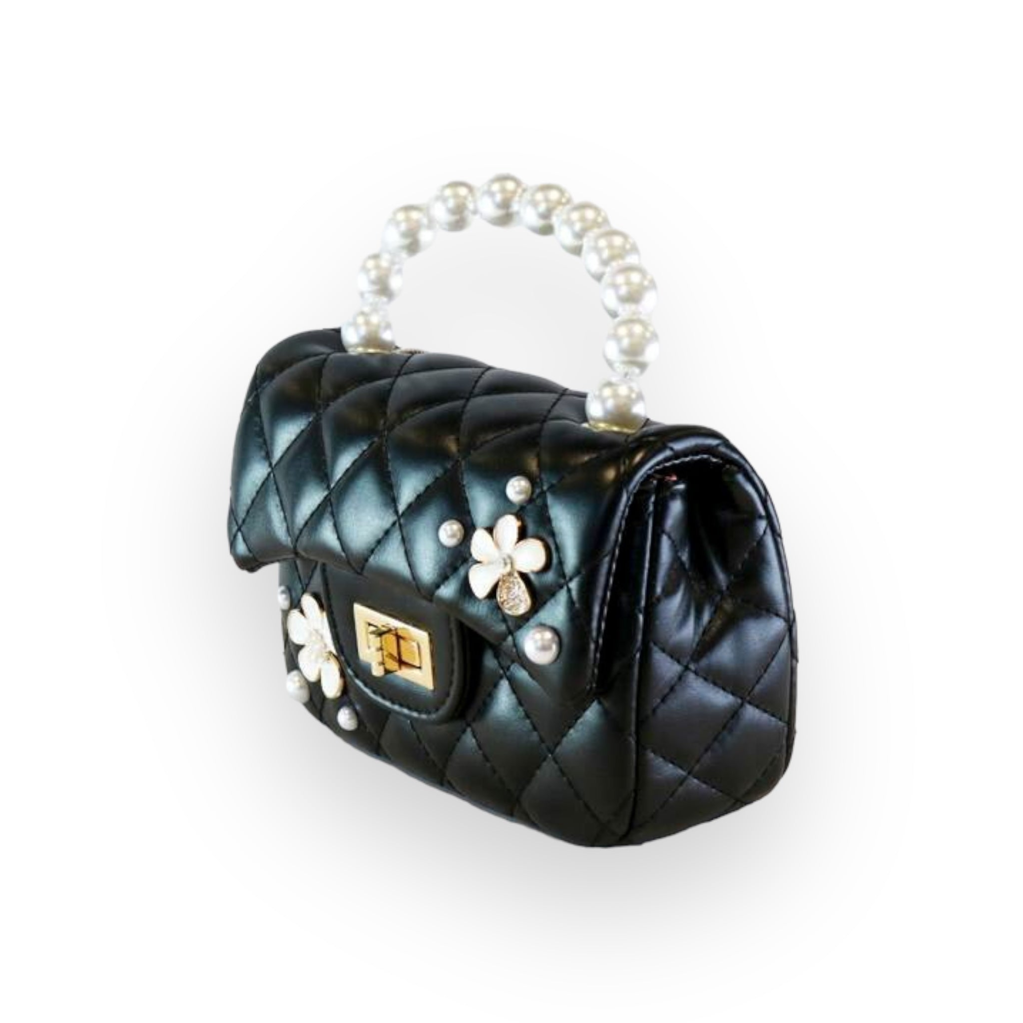 Pearl Handle Quilted Leather Purse w/ Charms - Black - doe a dear