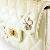 Pearl Handle Quilted Leather Purse w/ Charms - Cream - doe a dear