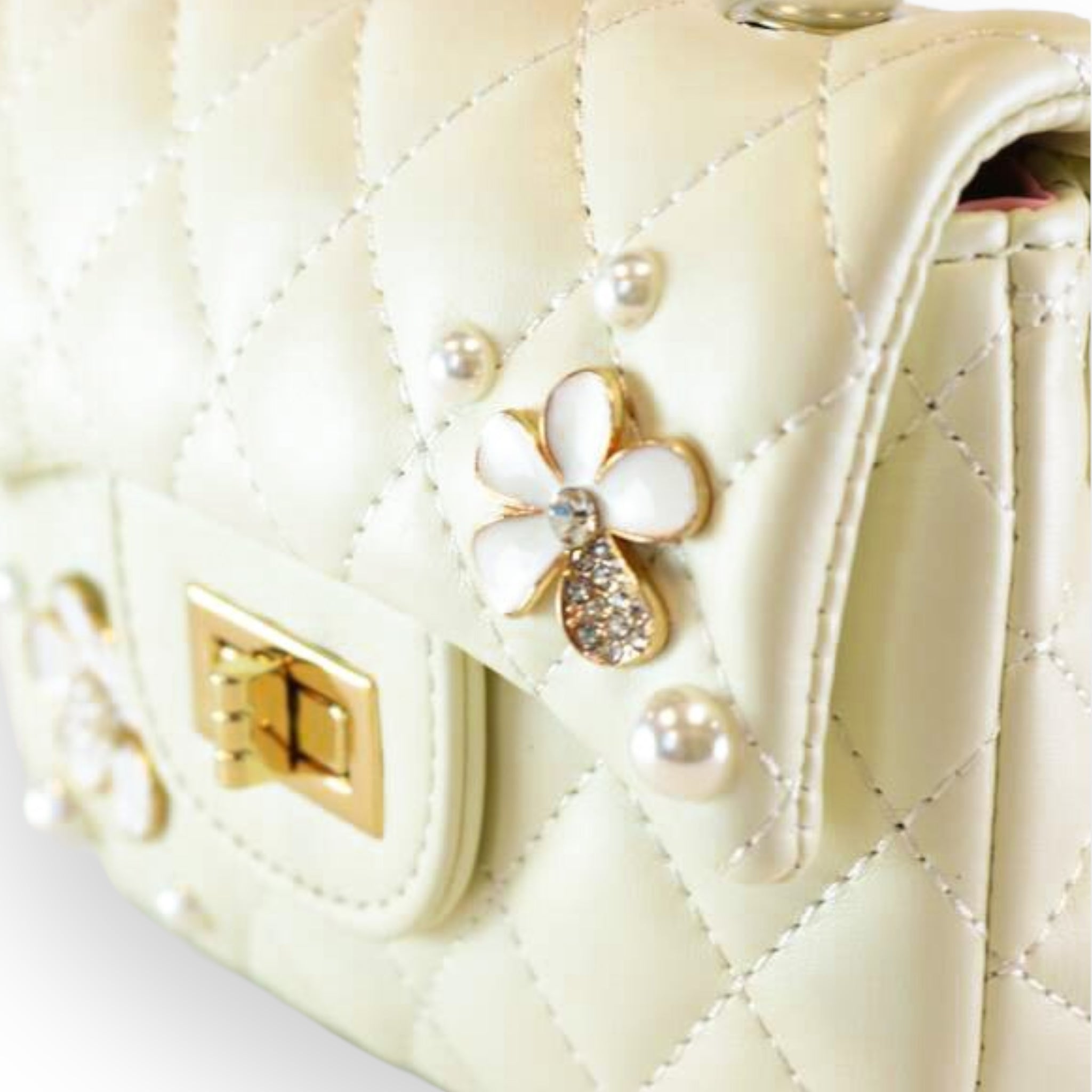 Pearl Handle Quilted Leather Purse w/ Charms - Cream - doe a dear