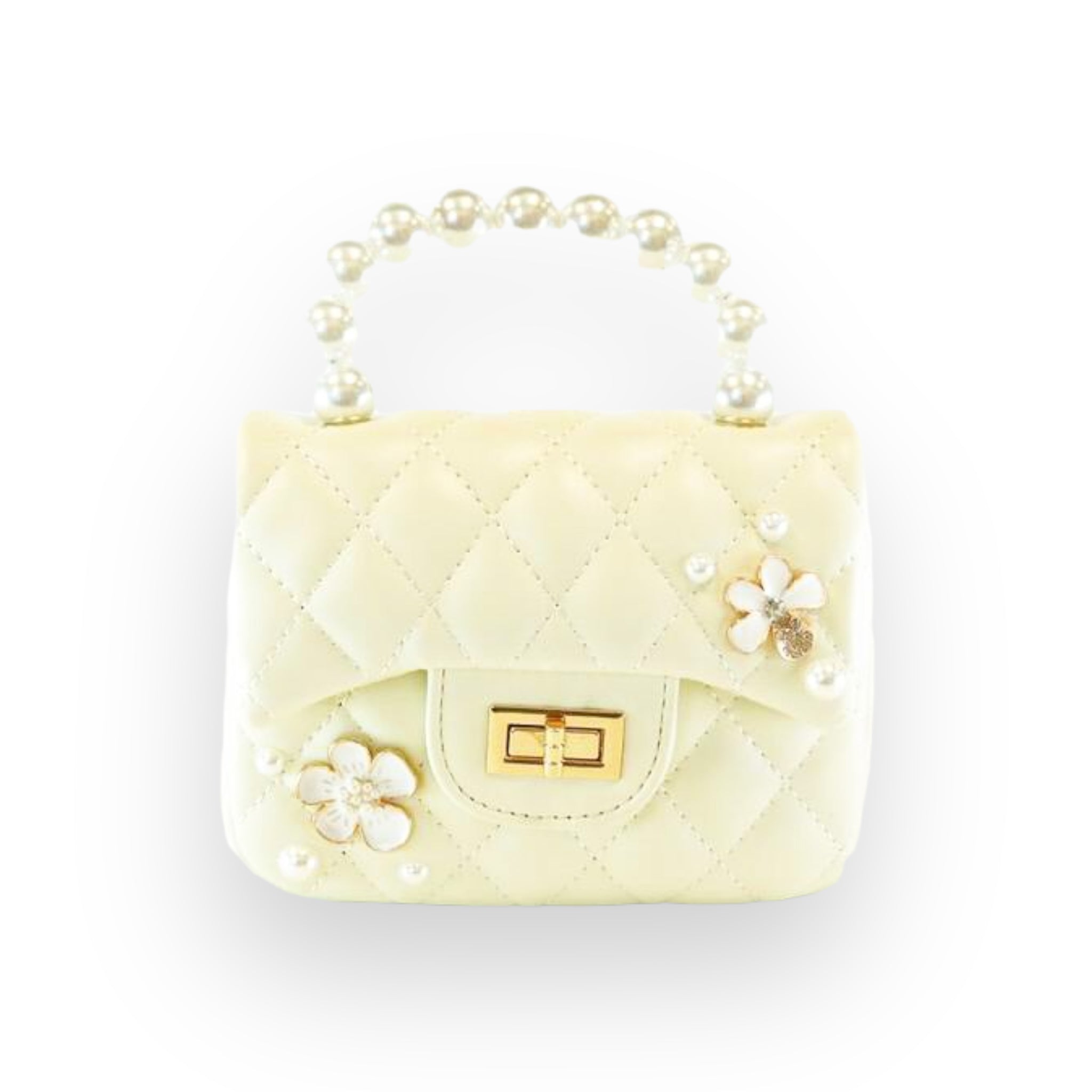 Pearl Handle Quilted Leather Purse w/ Charms - Cream - doe a dear