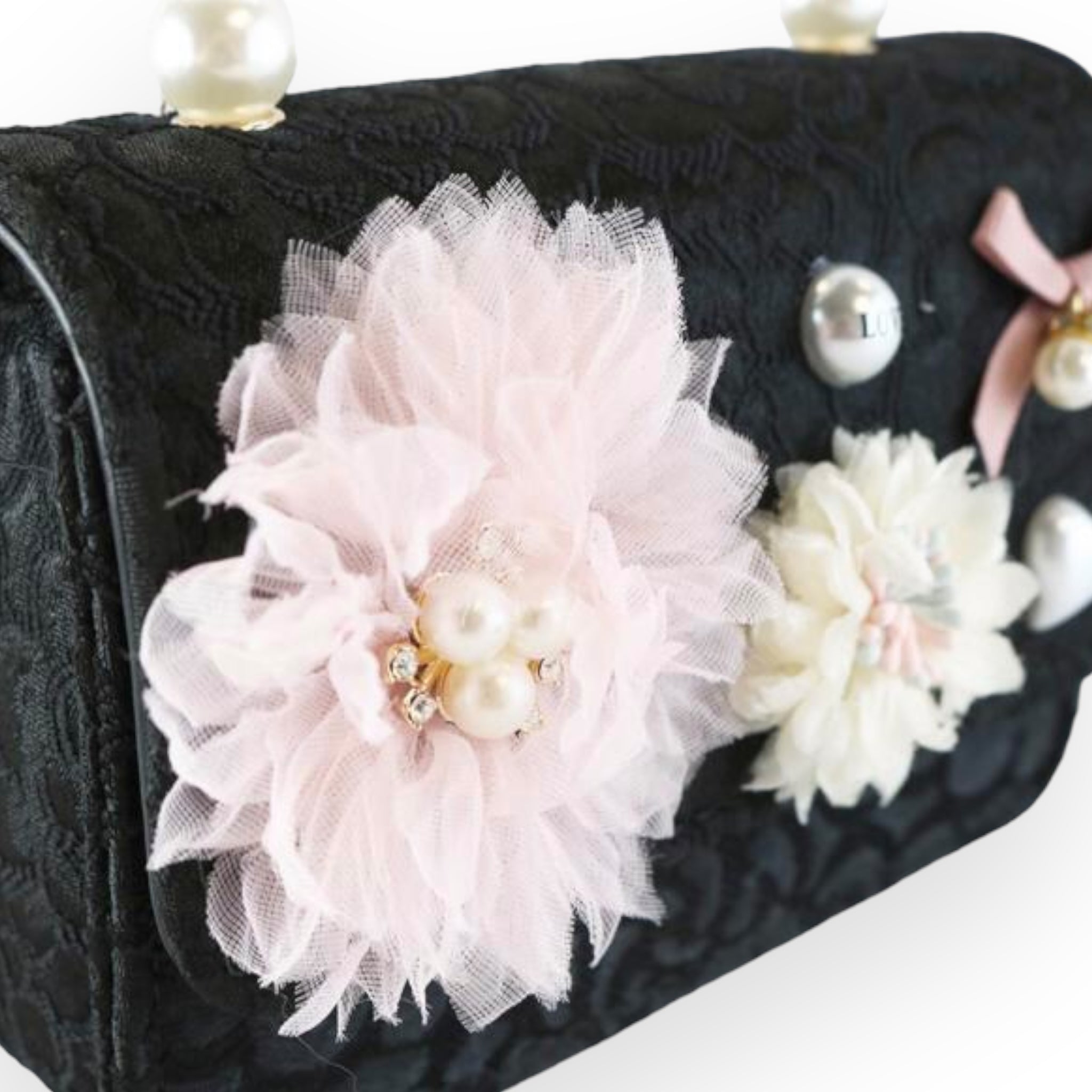 Floral Appliques Tweed Purse - Black - doe a dear