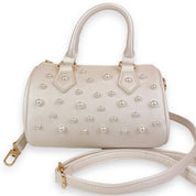 Pearl Studs Cream Leather Barrel Bag - doe a dear