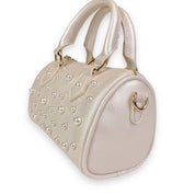 Pearl Studs Cream Leather Barrel Bag - doe a dear