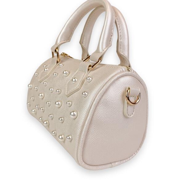Pearl Studs Cream Leather Barrel Bag - doe a dear