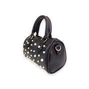 Pearl Studs Black Leather Barrel Bag - doe a dear
