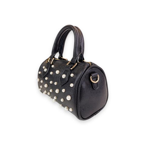 Pearl Studs Black Leather Barrel Bag - doe a dear