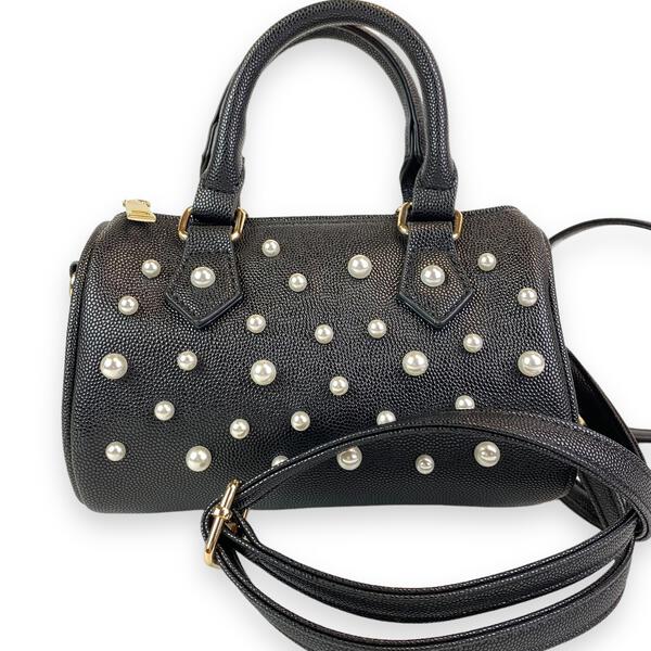 Pearl Studs Black Leather Barrel Bag - doe a dear