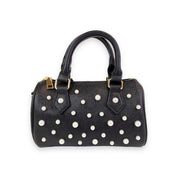 Pearl Studs Black Leather Barrel Bag - doe a dear