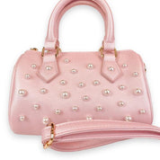Pearl Studs Pink Leather Barrel Bag - doe a dear