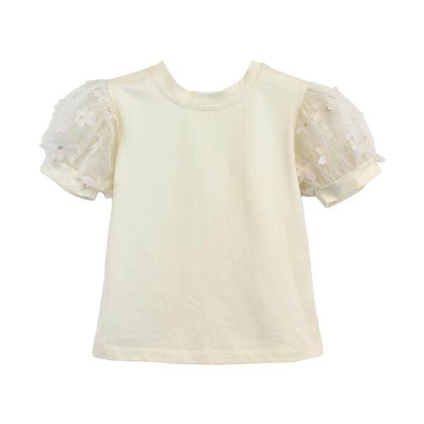 3D Floral Puff Sleeves Beige Tee - doe a dear