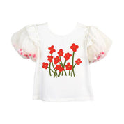 White Pom Pom Puff Slv Tee w/ Floral Print - doe a dear