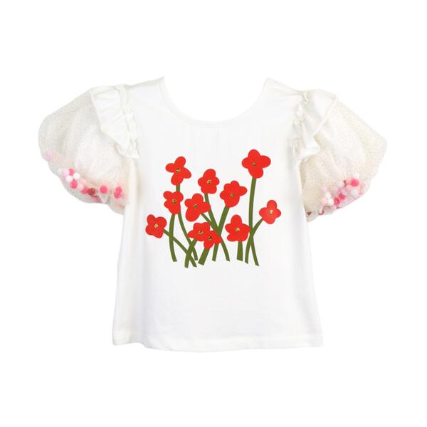 White Pom Pom Puff Slv Tee w/ Floral Print - doe a dear