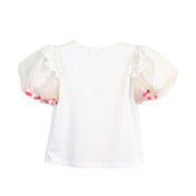 White Pom Pom Puff Slv Tee w/ Floral Print - doe a dear