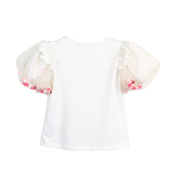 White Pom Pom Puff Slv Tee w/ Floral Print - doe a dear