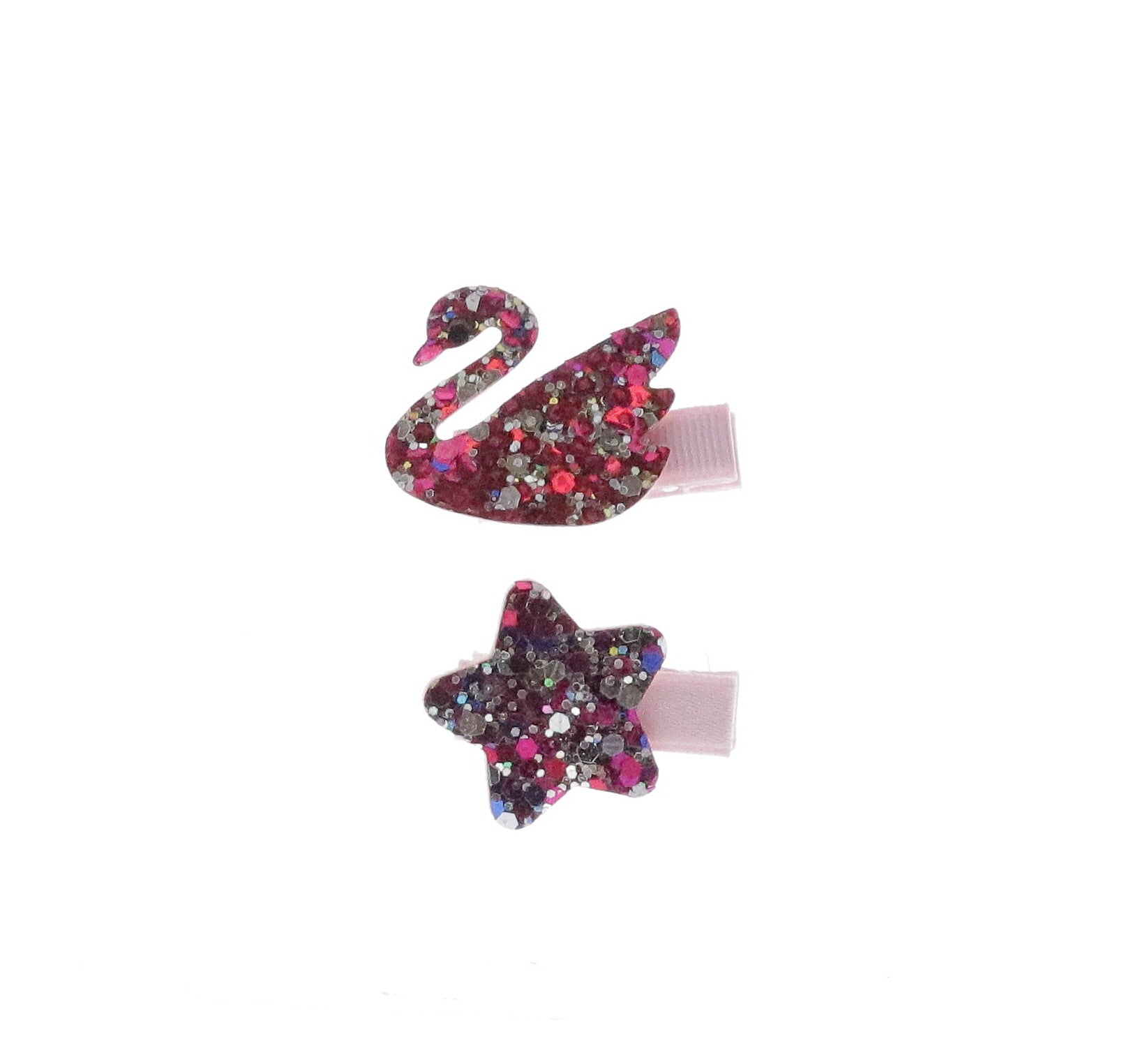 Fuchsia / Silver Glittered Star & Swan Set Hair Clip - Doe a Dear