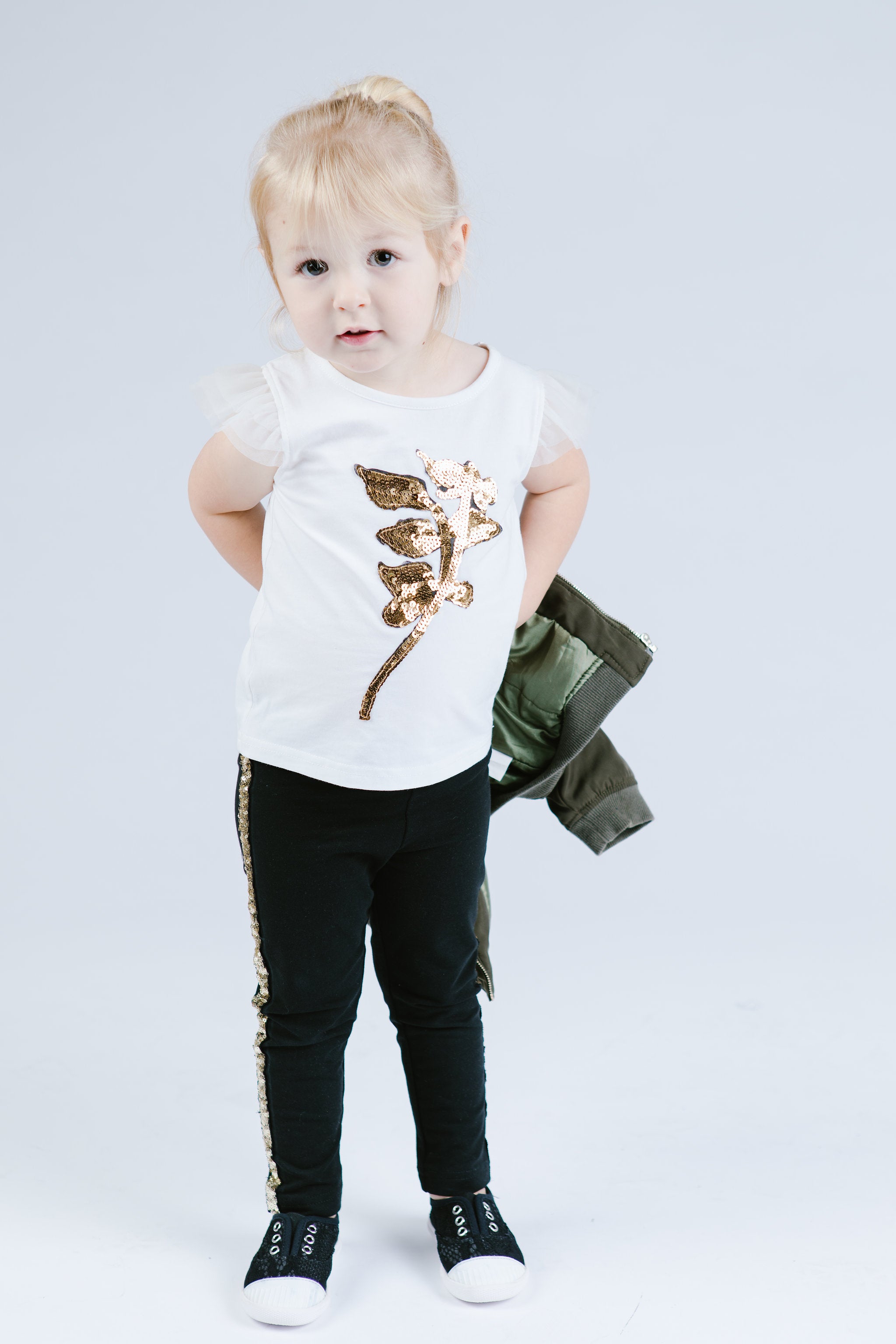 Cap Slv Knit Tee w/ Leaf Sequin Patch - Doe a Dear