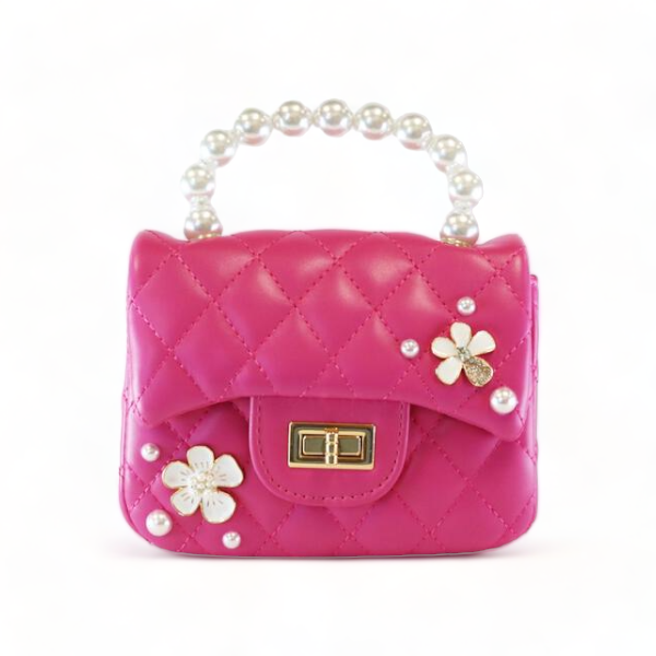 Pearl Handle Quilted Leather Purse w/ Charms - Fuchsia