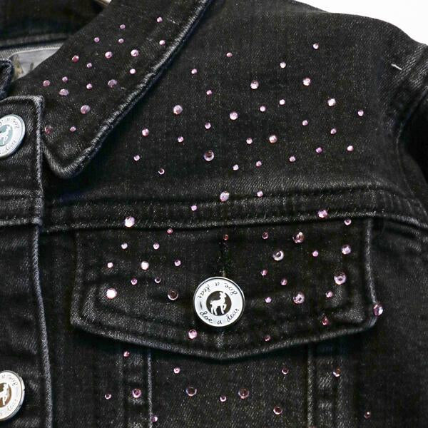 Pink Stud Distressed Black Denim Jacket
