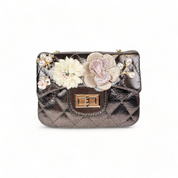 Floral Shiny Quilted Purse - Pewter - doe a dear