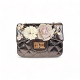 Floral Shiny Quilted Purse - Pewter