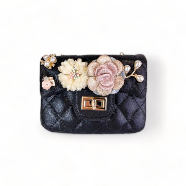 Floral Shiny Quilted Purse - Black - doe a dear