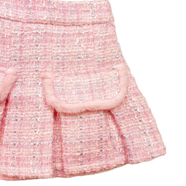 Pink Fur Trim Pleat Tweed Skirt
