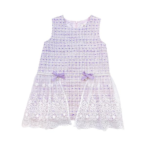 Purple Bowtie Lace Trim Tweed Dress